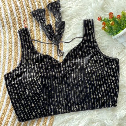 Black color velvet printed blouse with design