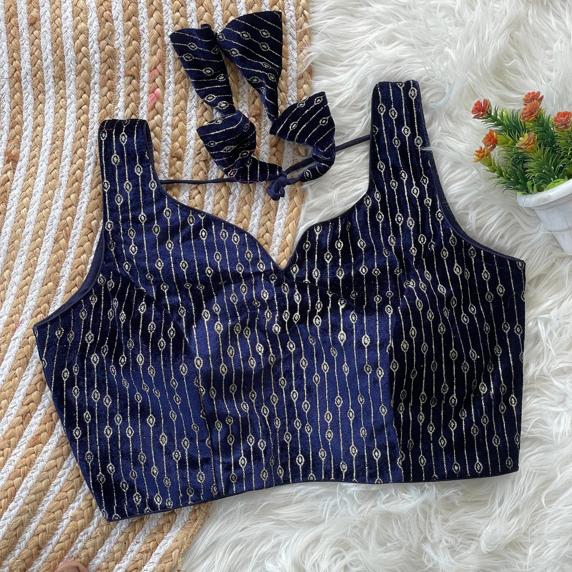 Navy blue color velvet printed blouse for lehenga choli