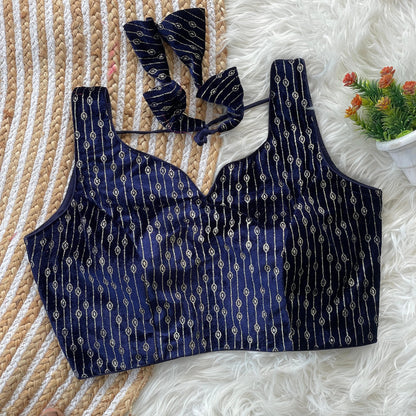 Navy blue color velvet printed blouse for lehenga choli