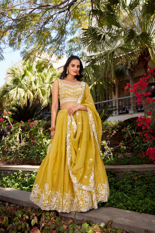 Yellow color gold crush lehenga choli 
