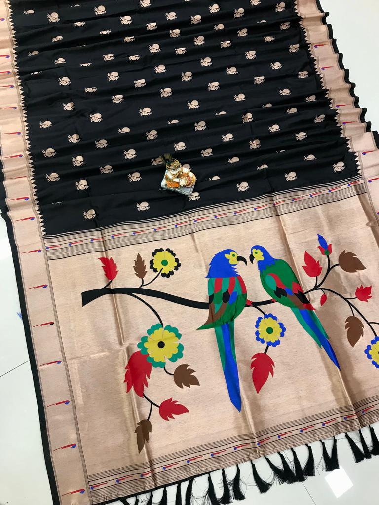 Black color kanchipuram silk saree for women online