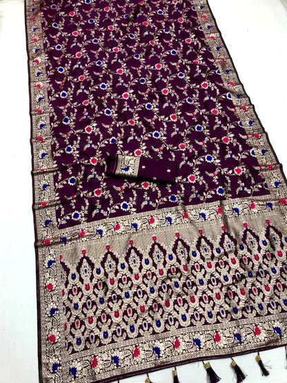Wine color banarasi silk weaving saree with blouse