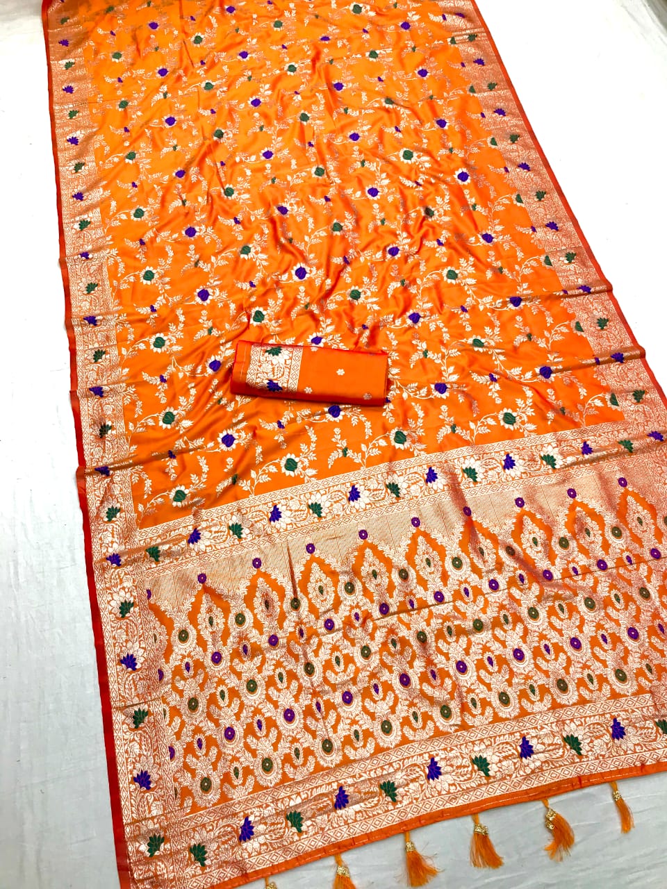 Orange color banarasi silk saree with blouse
