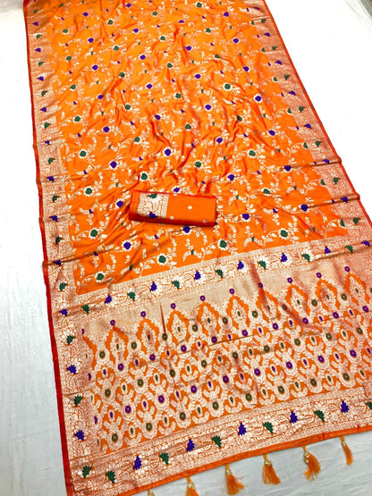 Orange color banarasi silk saree with blouse