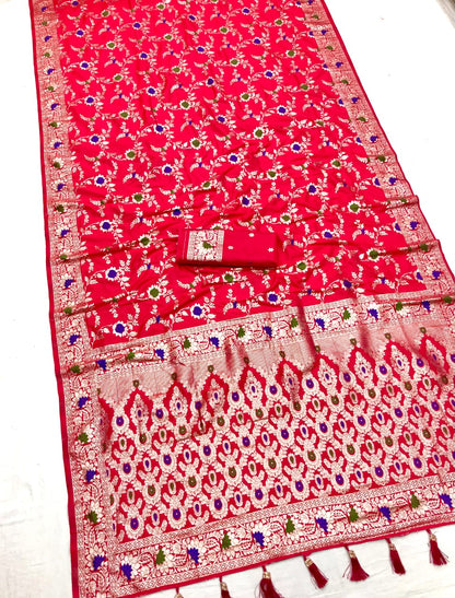 Red color banarasi silk weaving saree with blouse images
