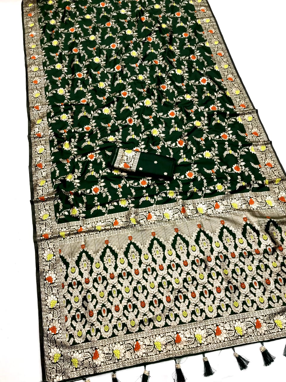 Green color banarasi silk saree with blouse design