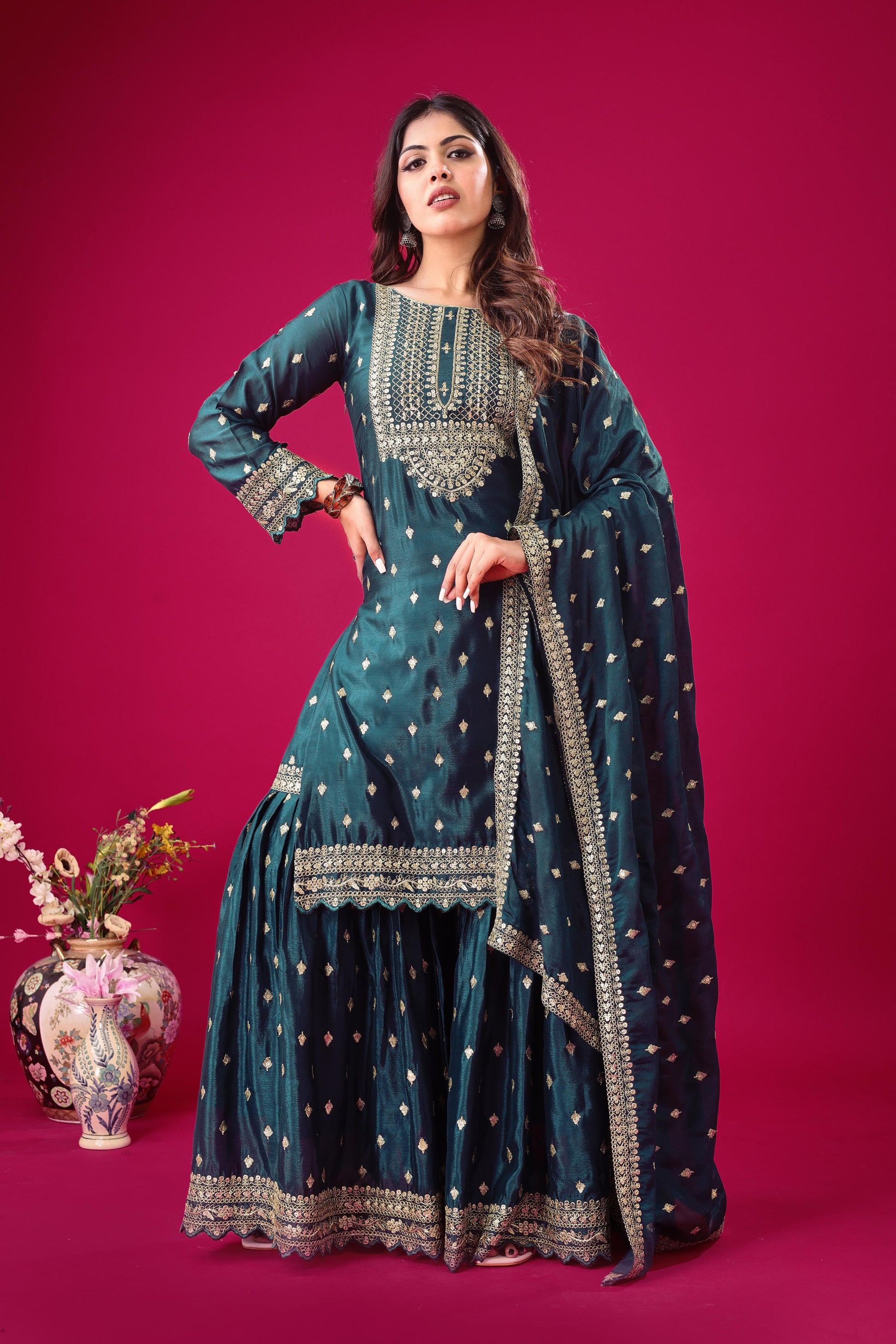 Rama color chinon silk sharara suit with dupatta price