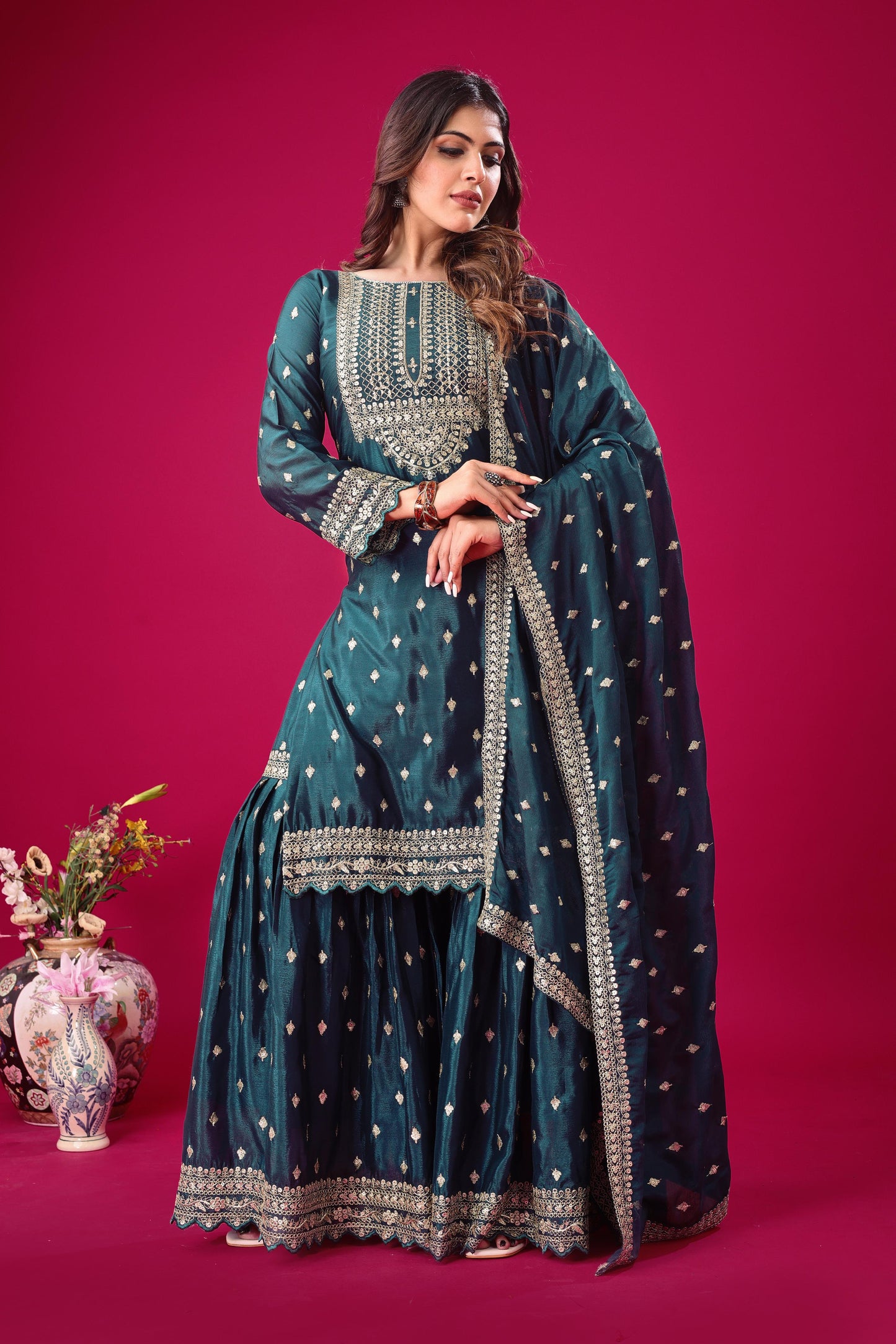 Rama color chinon silk sharara suit with dupatta online shopping
