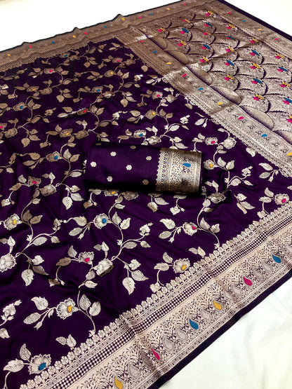 Wine color banarasi silk saree for wedding