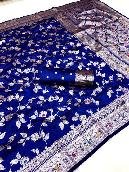 Blue color banarasi silk saree with blouse