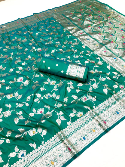 Rama color banarasi silk saree with blouse online