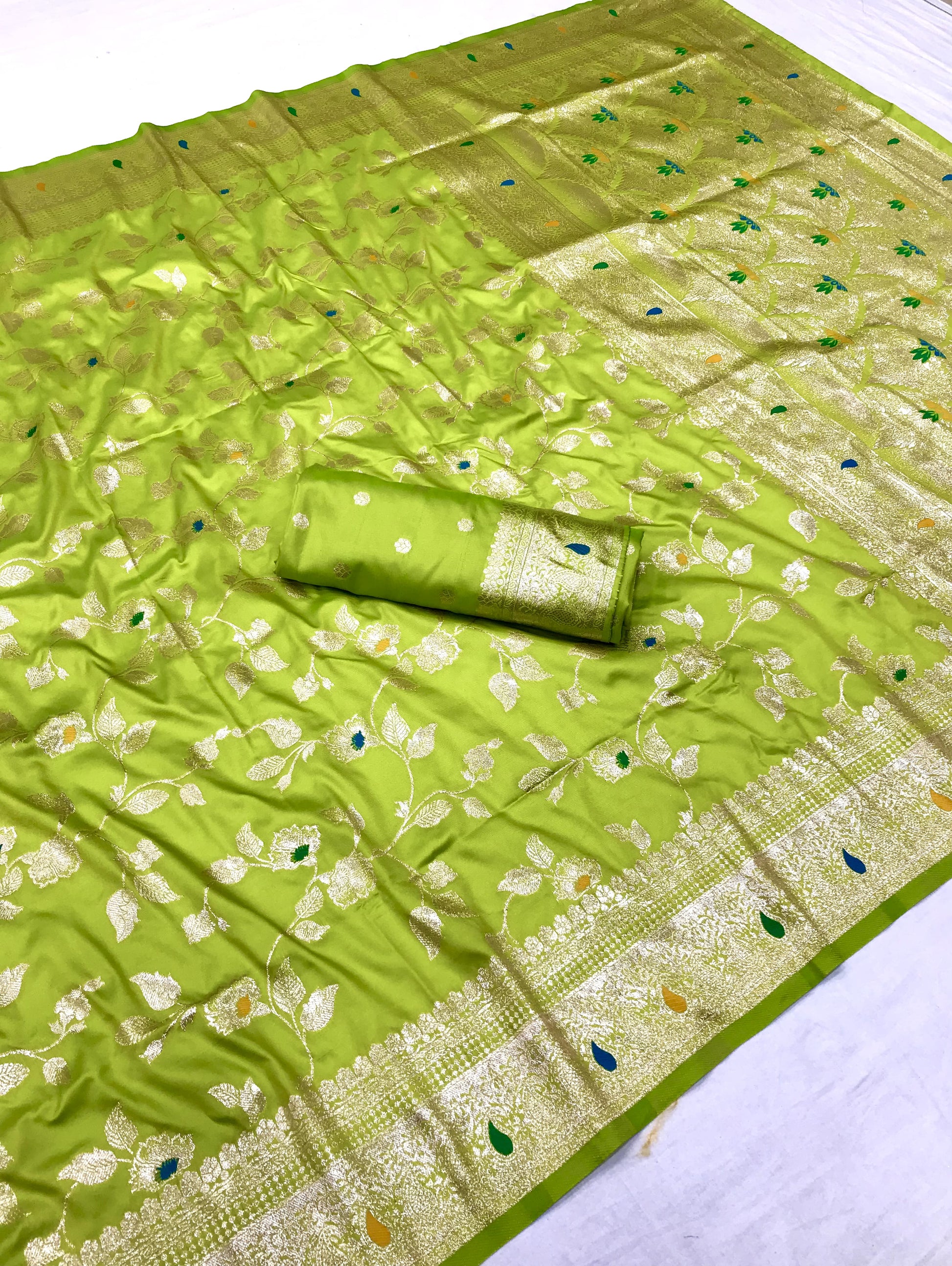 Parrot color banarasi silk saree with blouse