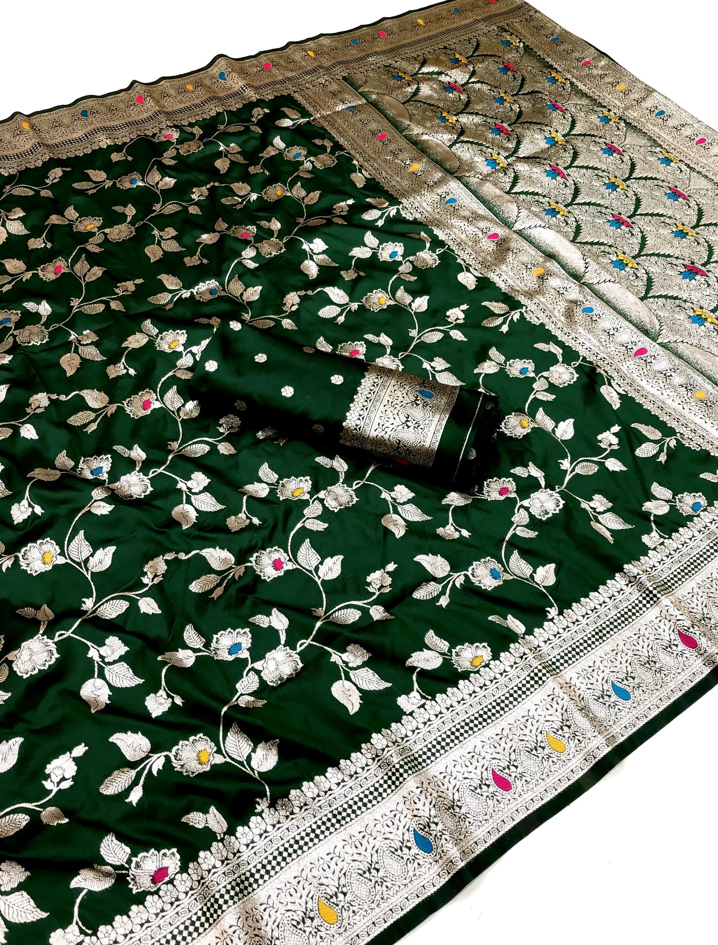 Green color banarasi silk saree with blouse price