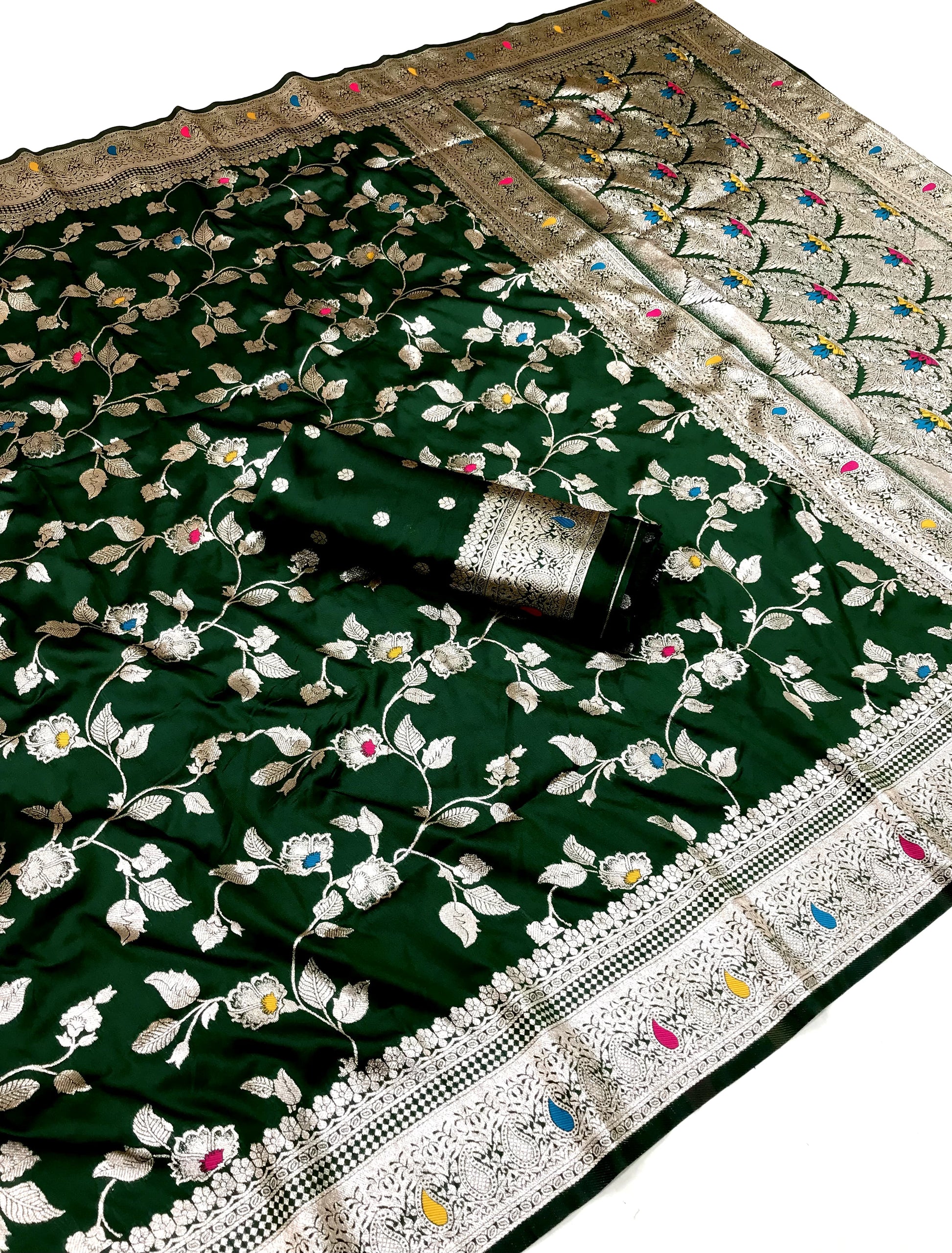 Green color banarasi silk saree with blouse price