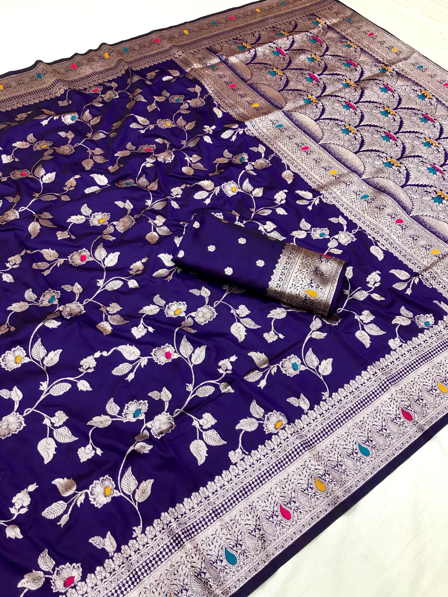 Purple color banarasi silk saree with blouse images