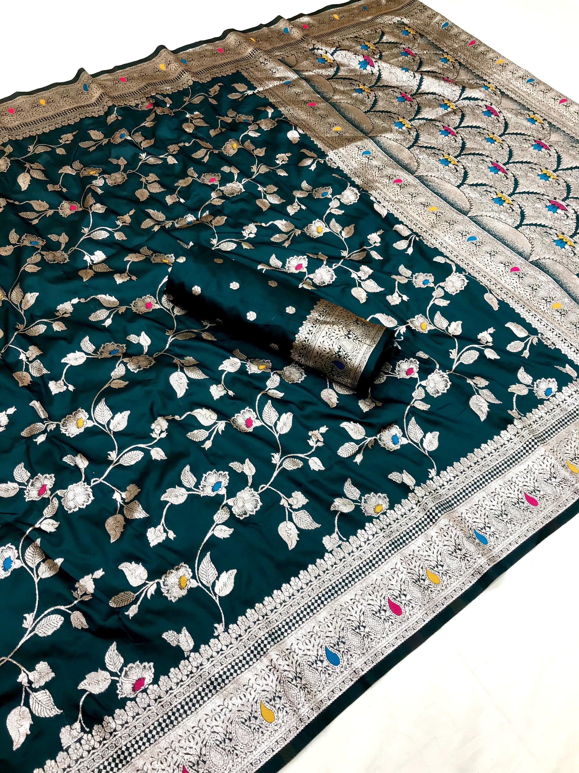 Teal color banarasi silk saree with blouse design