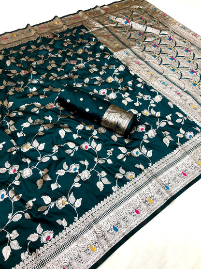 Teal color banarasi silk saree with blouse design