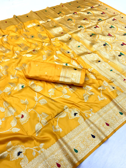 Yellow color banarasi silk saree with blouse for haldi rasam