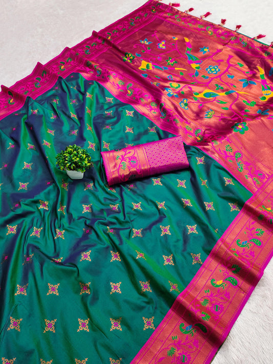 Pure Rama color paithani silk saree for women
