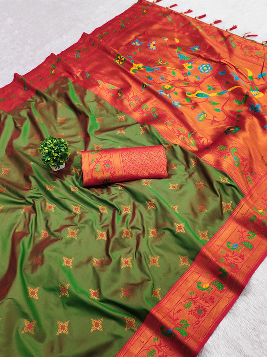 Mehendi color paithani silk saree for women online
