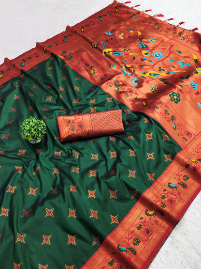 Green color paithani silk saree with blouse online shopping