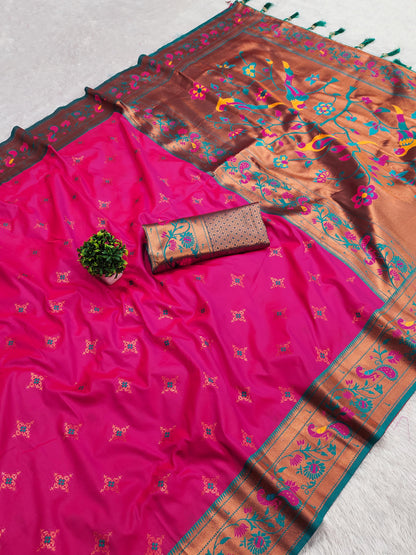 Pink color paithani silk saree for women online
