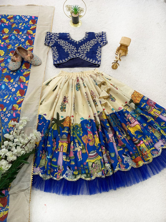 Blue color chinon silk lehenga choli for small girls