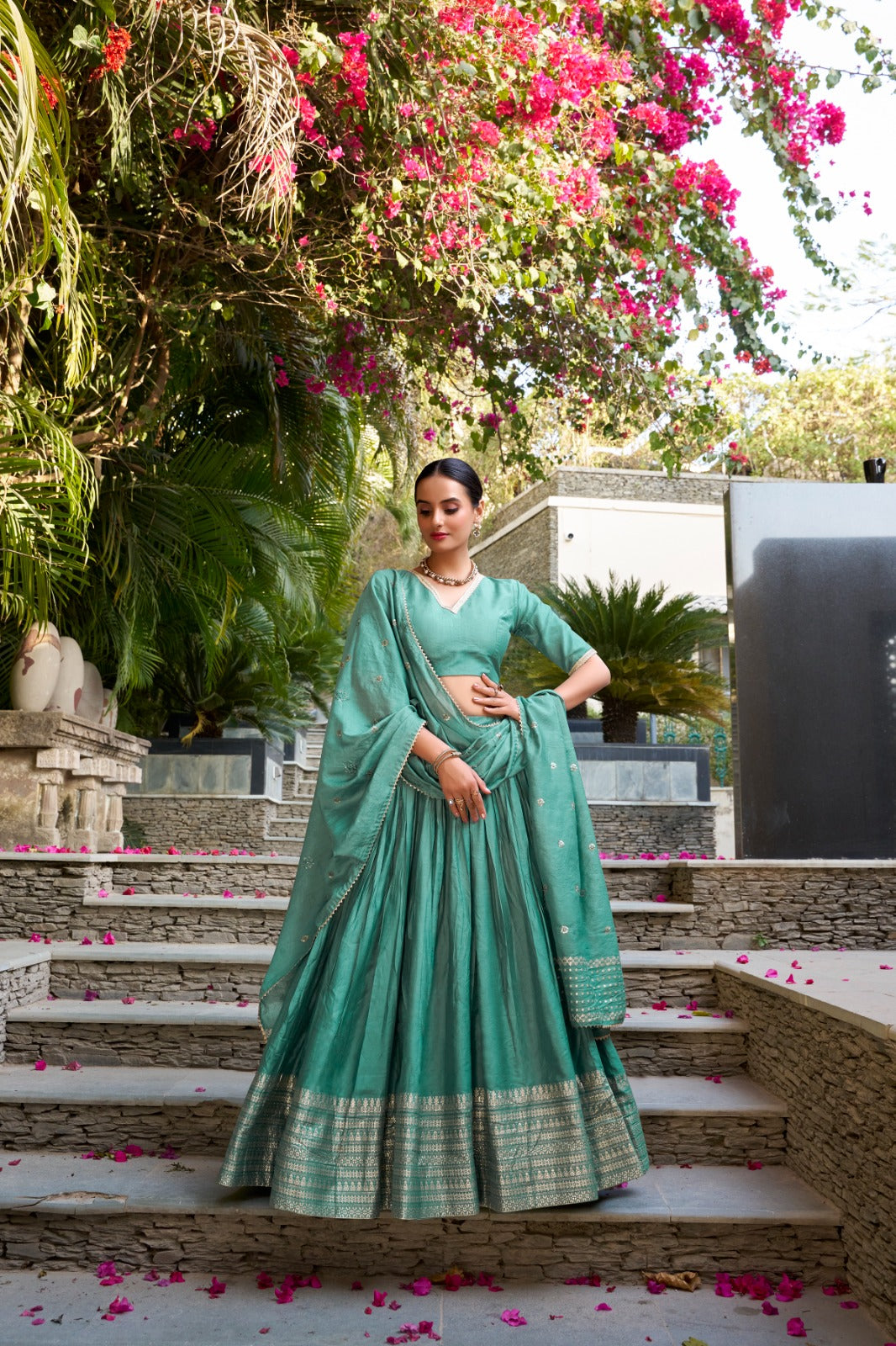 Sea green color chanderi lehenga choli for women
