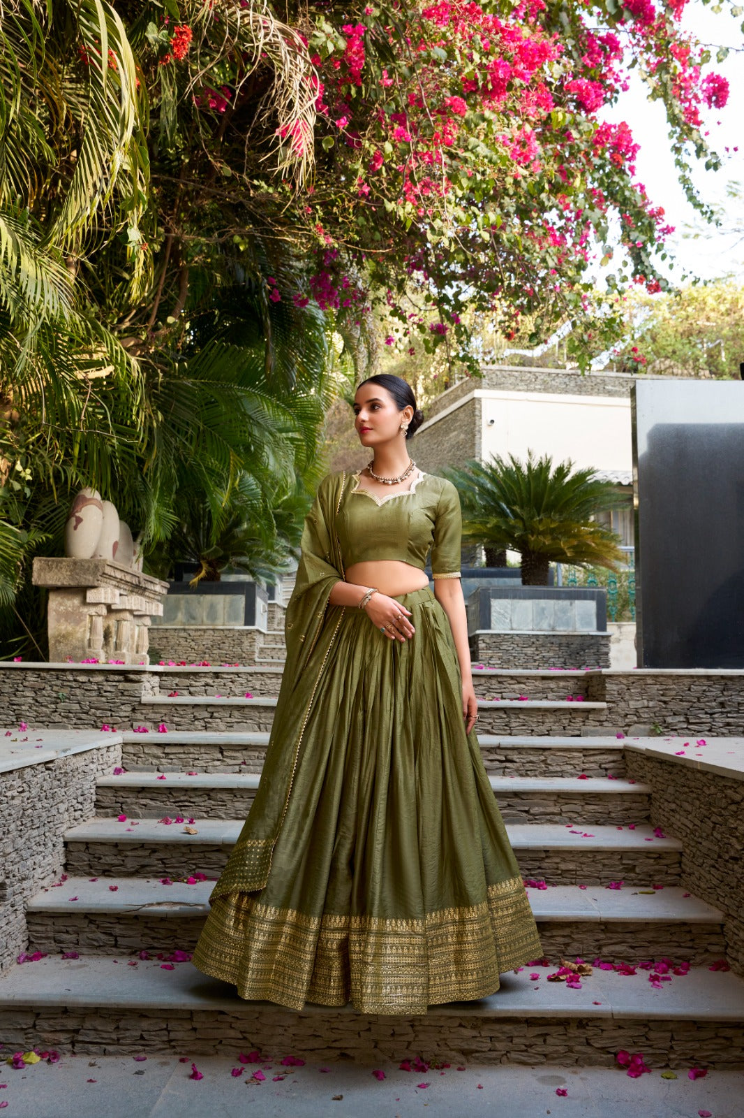 Mehendi color chanderi lehenga choli for wedding