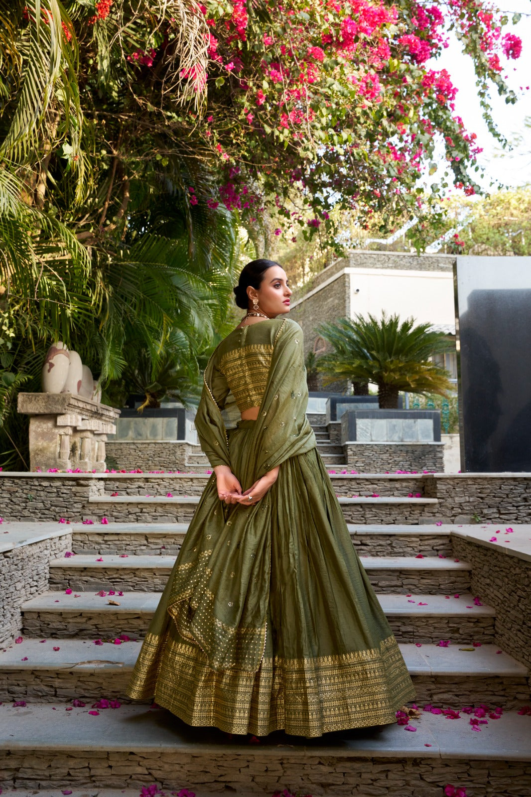 Mehendi color chanderi lehenga choli with dupatta online