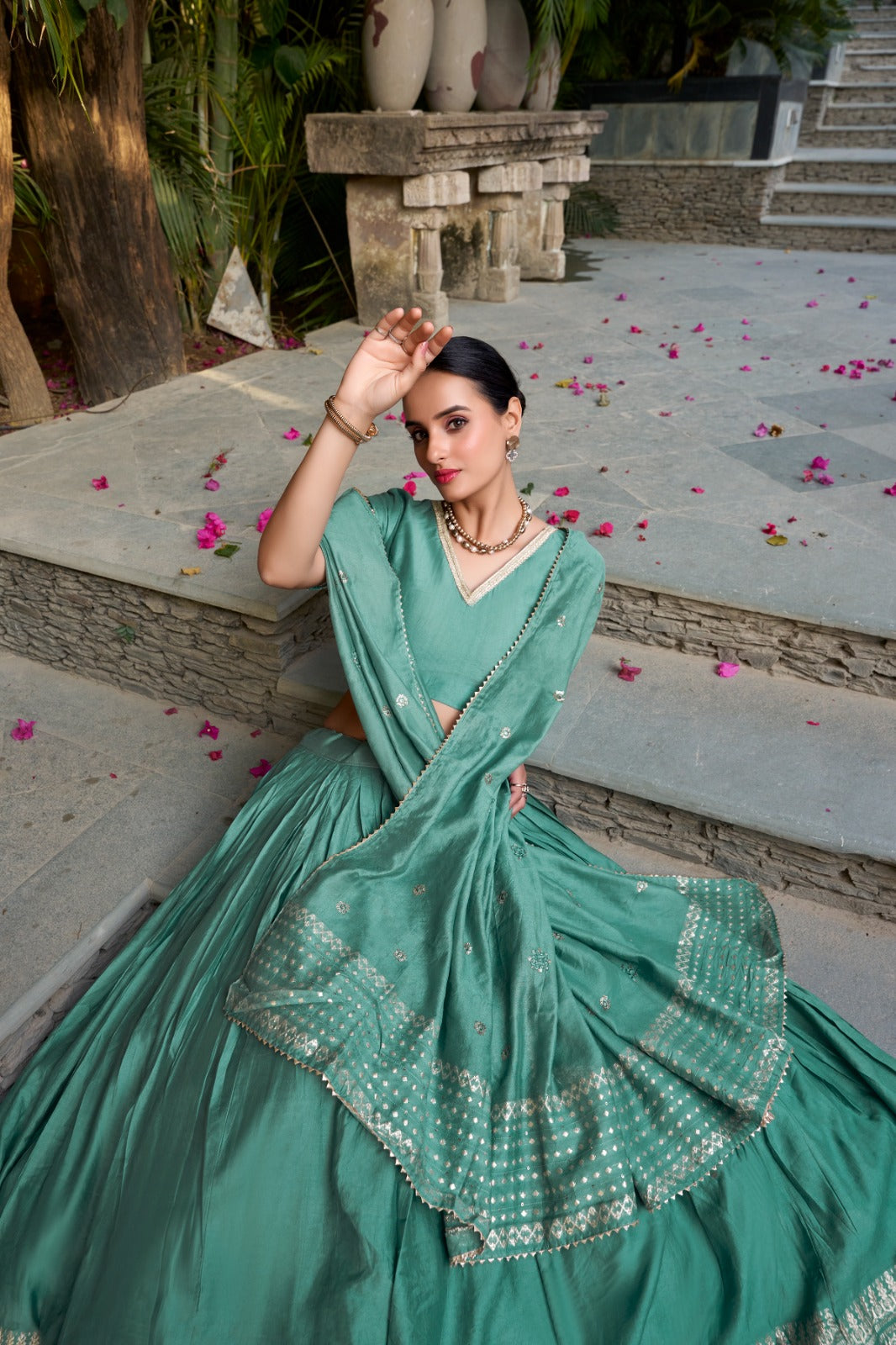 Sea green color chanderi lehenga choli for women price