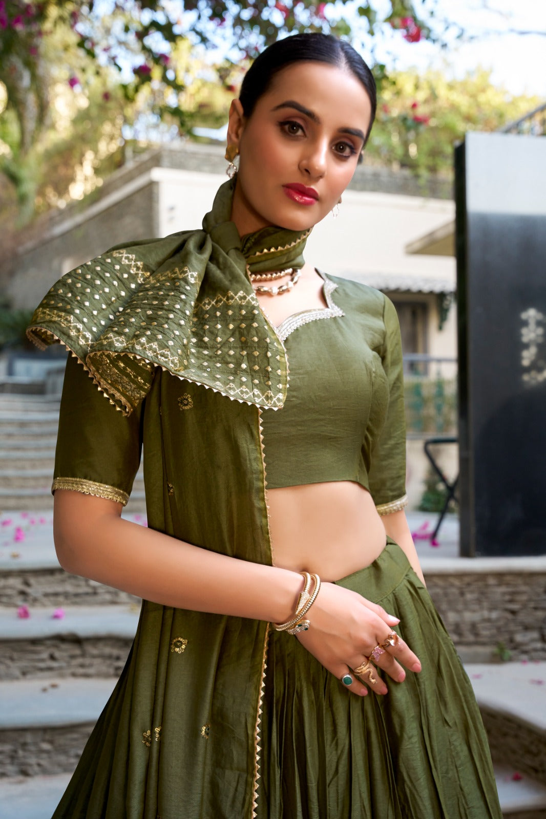 Mehendi color chanderi lehenga choli with dupatta price