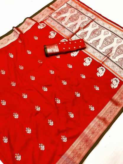 Red color banarasi silk saree for women