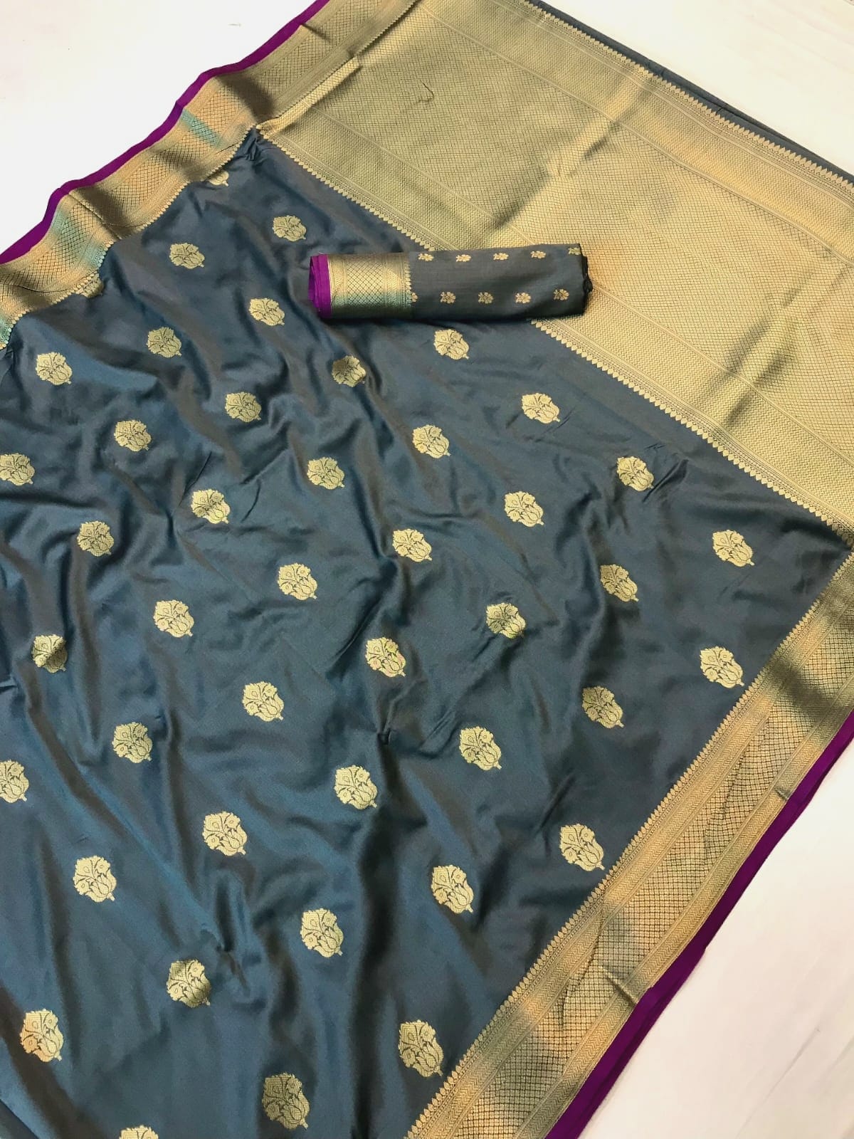 Grey color banarasi silk saree with blouse images