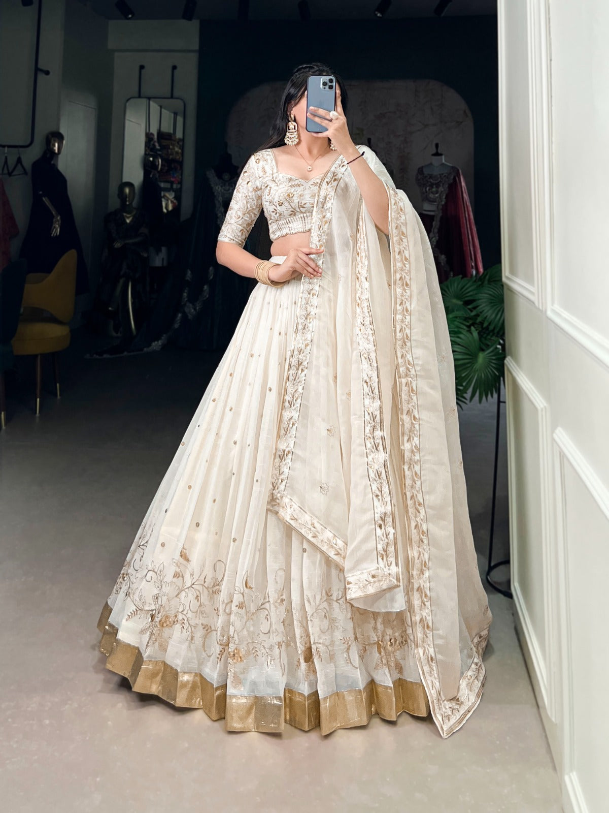 Off white color silver glosy lehenga choli for women