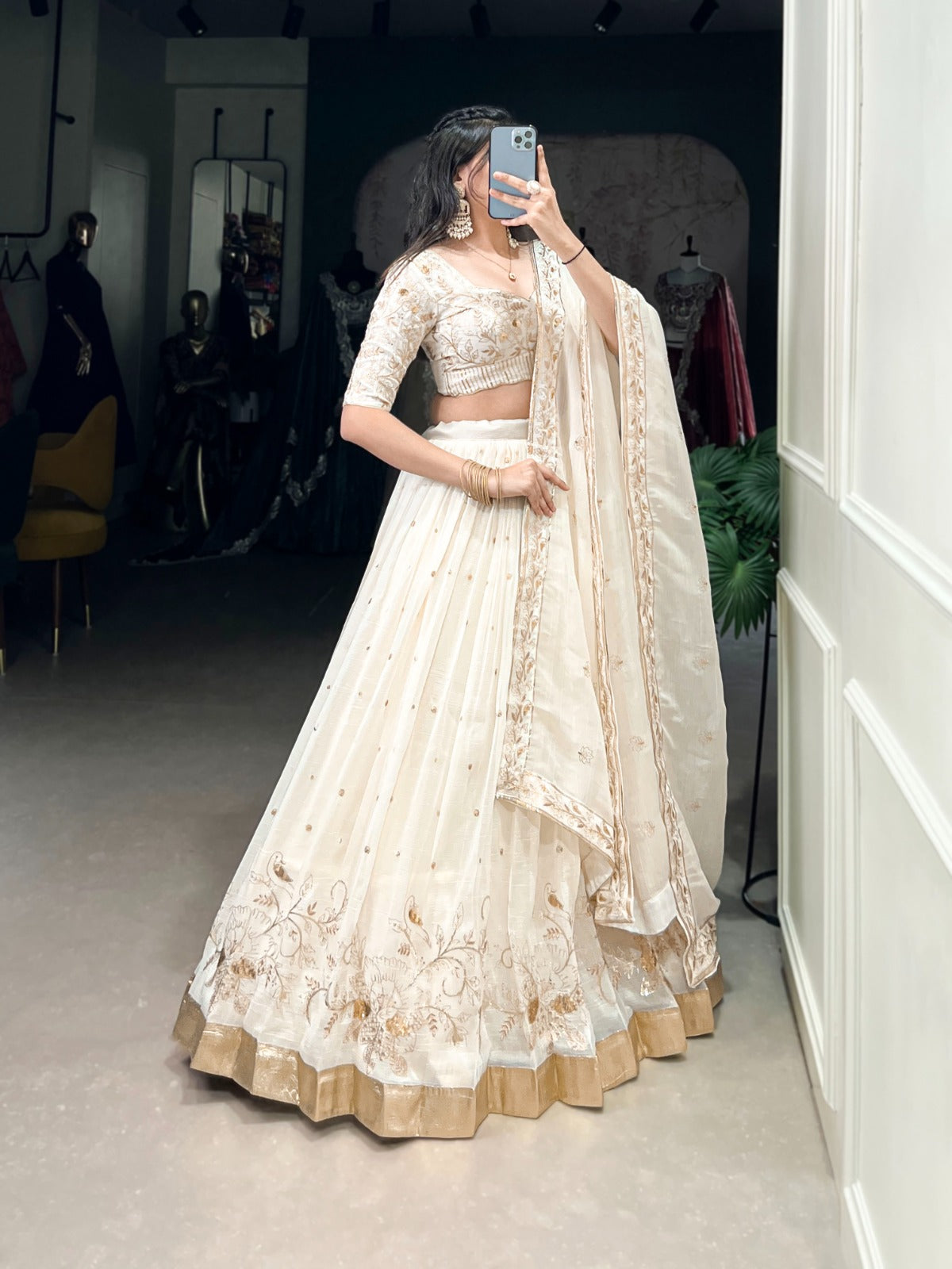 Off white color silver glosy lehenga choli for women price