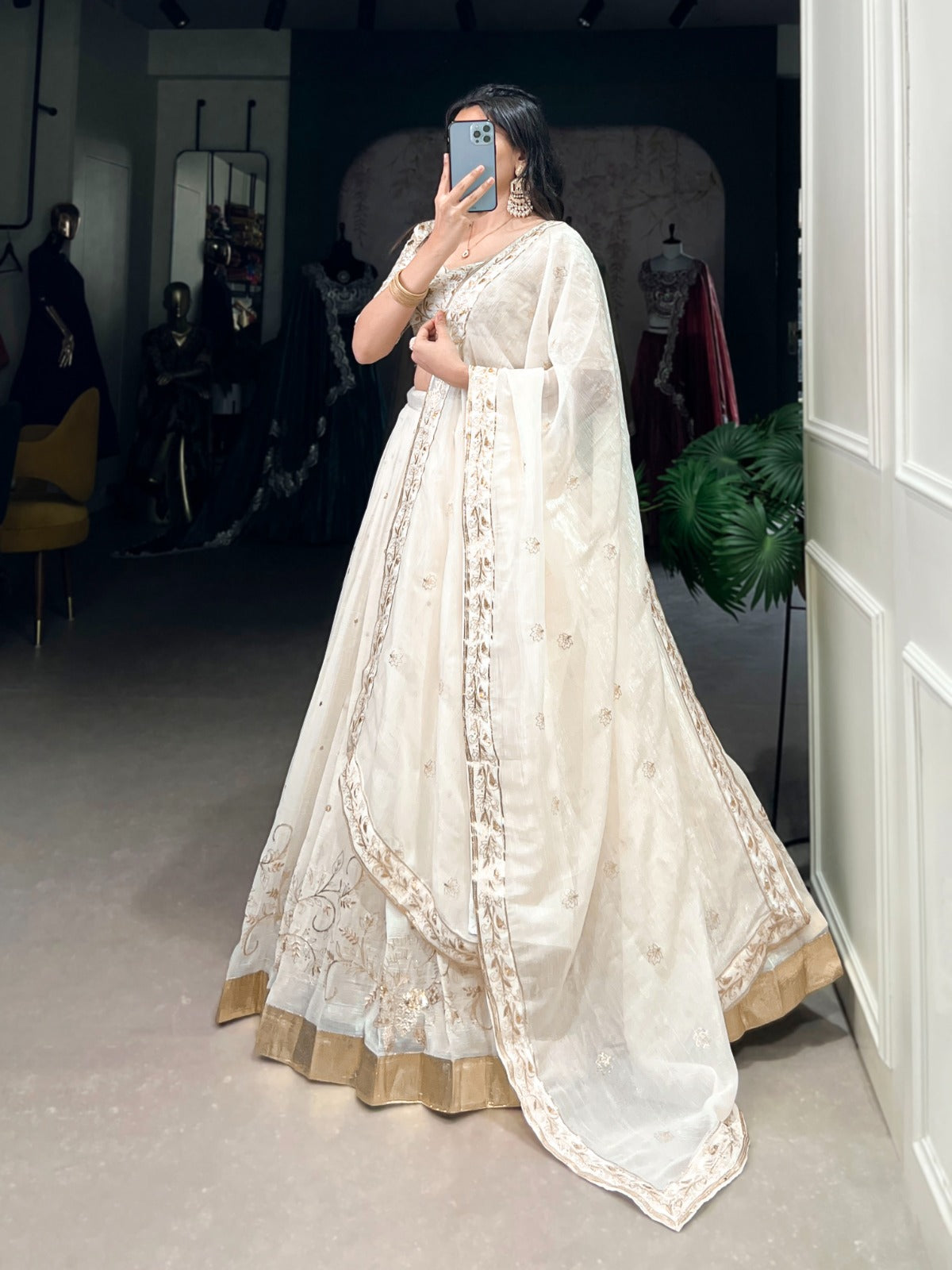 Off white color silver glosy lehenga choli for women images