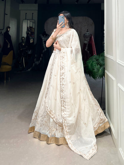 Off white color silver glosy lehenga choli for women images