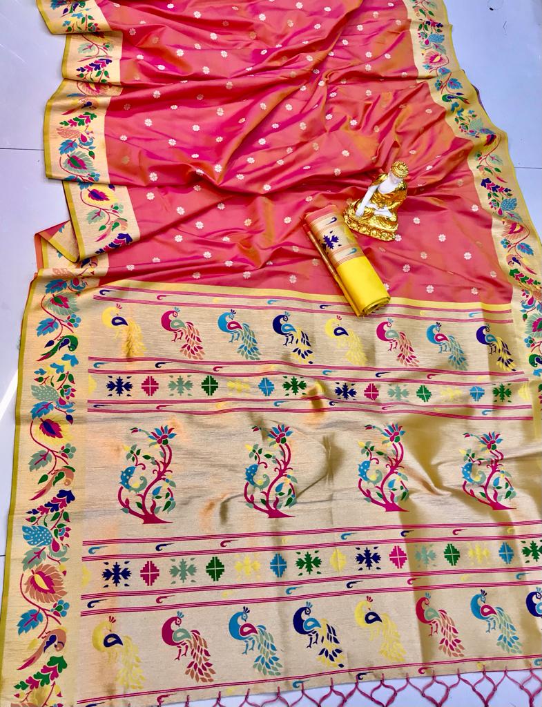 Peach color lichi silk saree for women