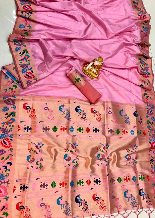 Pink color lichi silk weaving saree for women