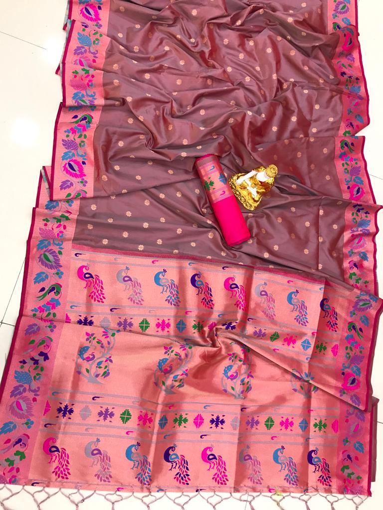 Grey color lichi silk saree with blouse price