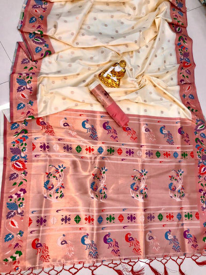 Off white color lichi silk weaving saree with blouse images