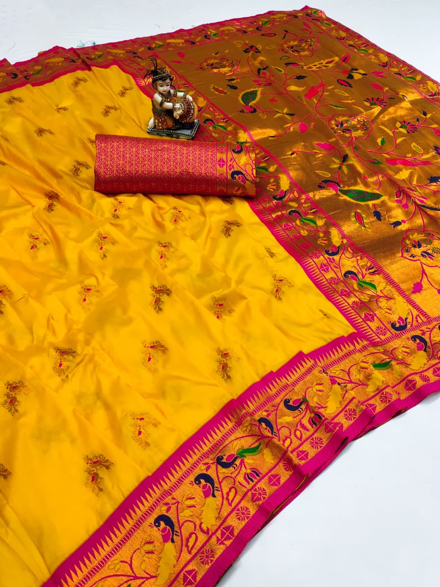 Yellow color banarasi silk saree for women