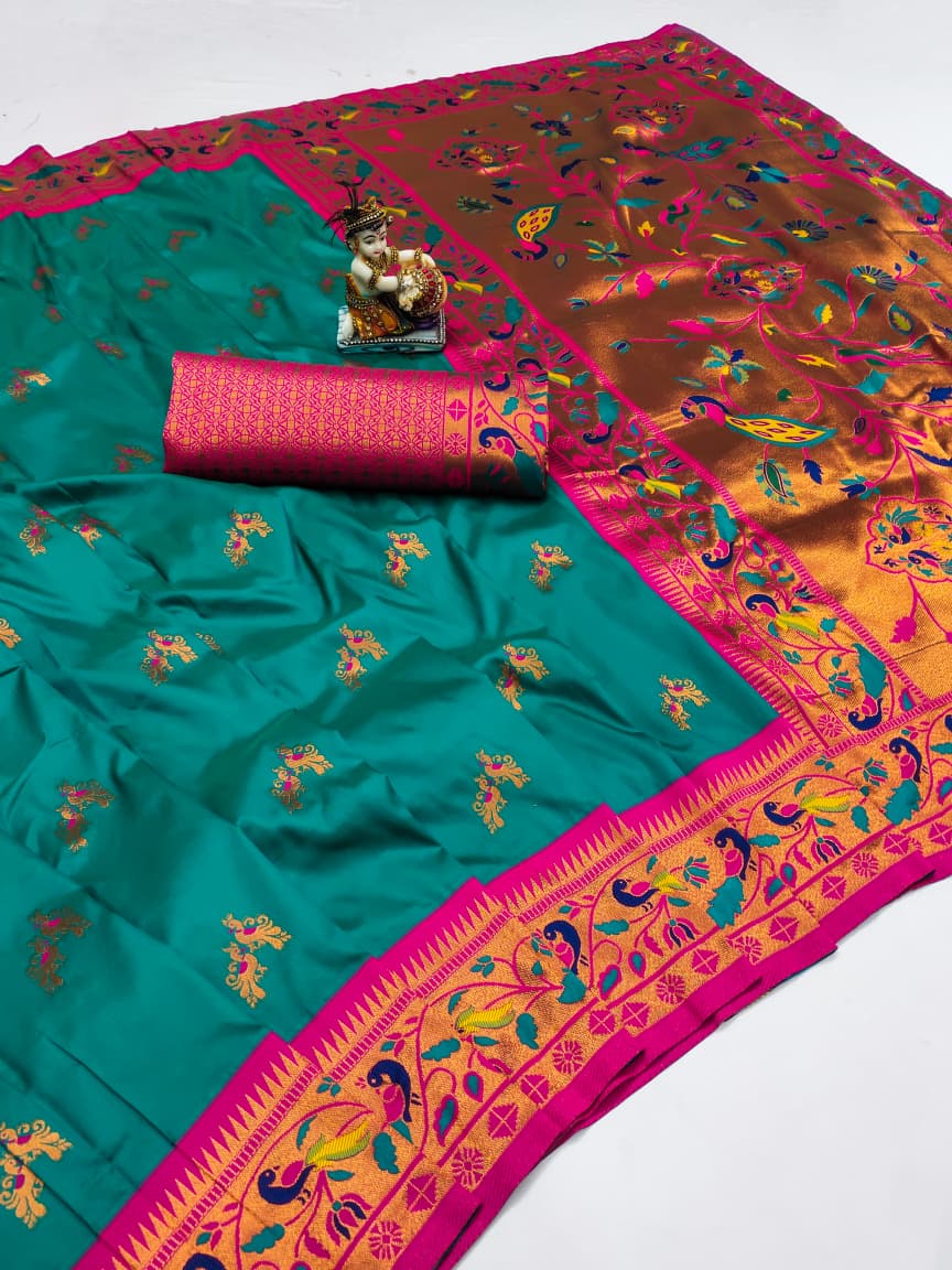 Rama color banarasi silk saree with blouse images