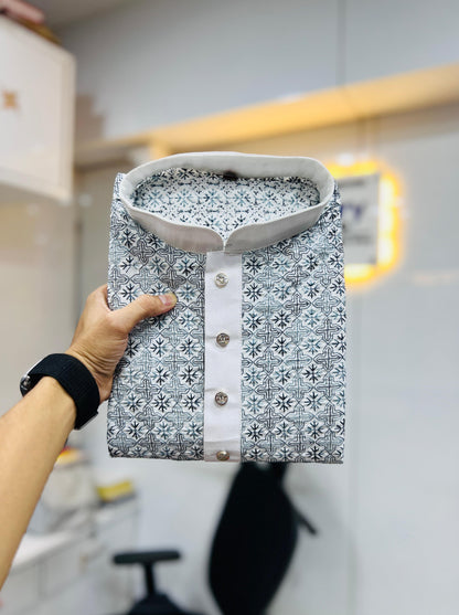 Grey color silky silk mens kurta pajama with online shopping