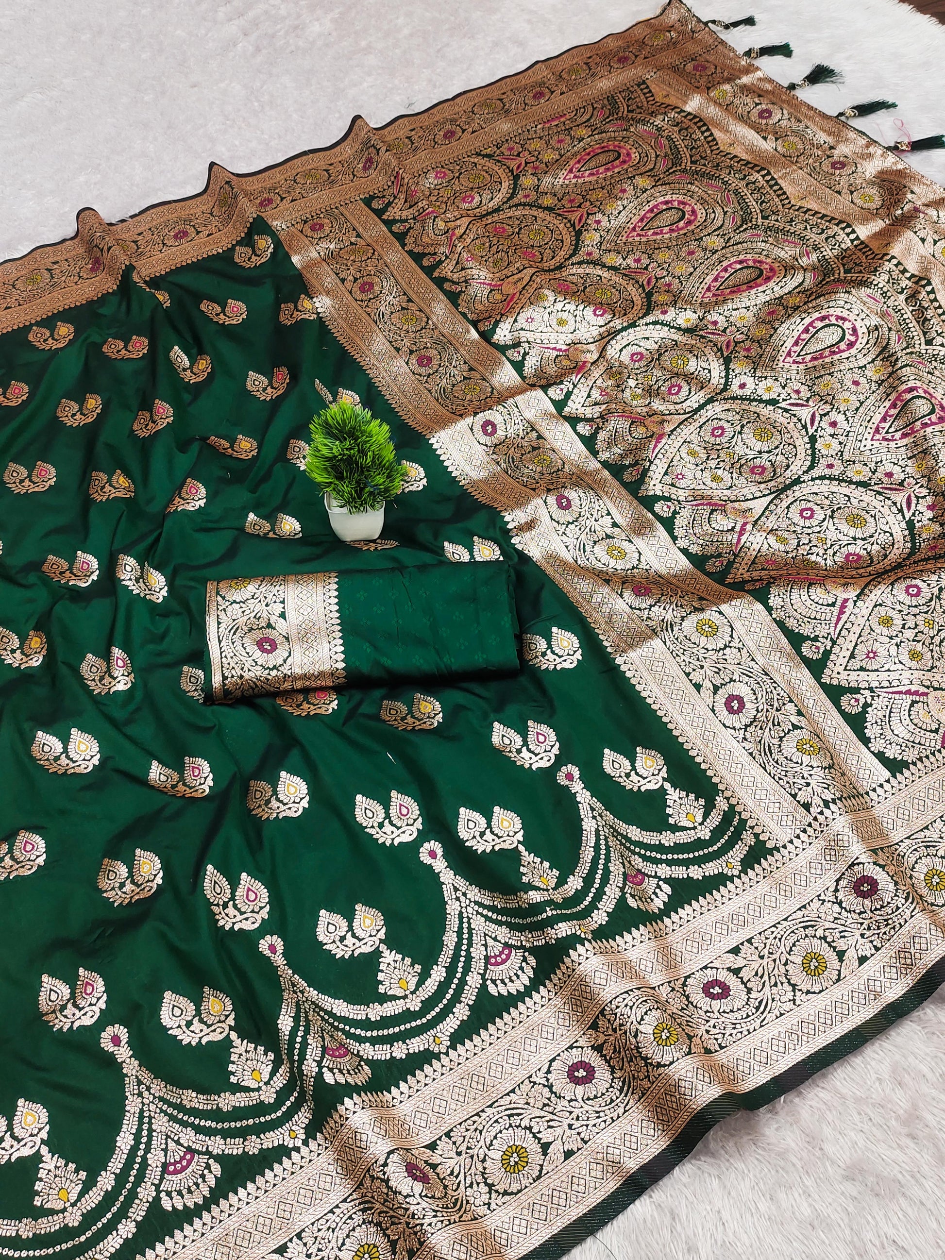 Green color banarasi silk saree for women