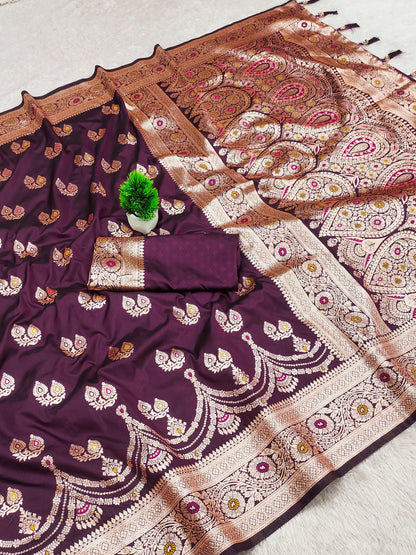 Wine color banarasi silk saree with blouse online