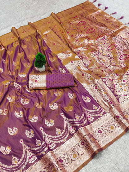 Onion color banarasi silk saree with blouse images