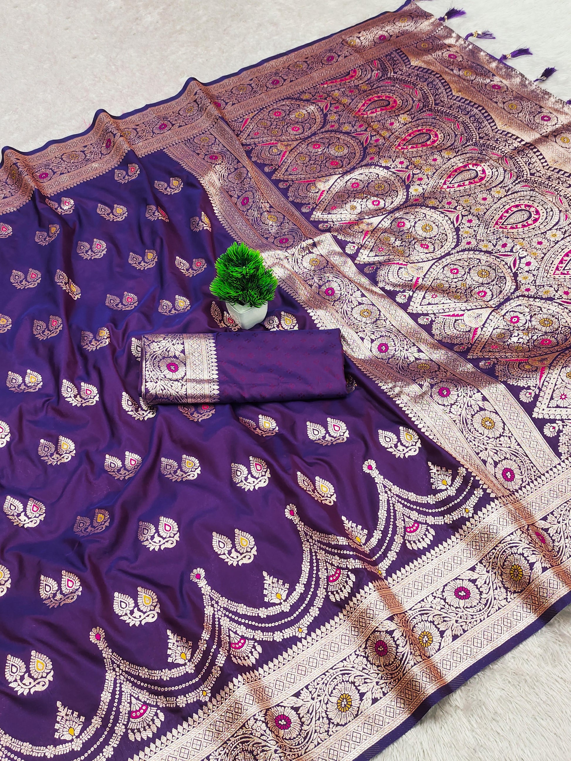Purple color banarasi silk saree with blouse images