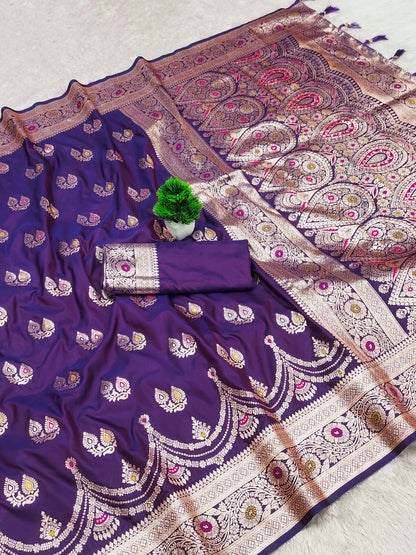 Purple color banarasi silk saree with blouse images